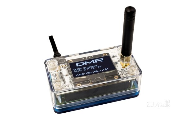 Mini 1.3 OLED ZUMspot hotspot with a clear case and black antenna