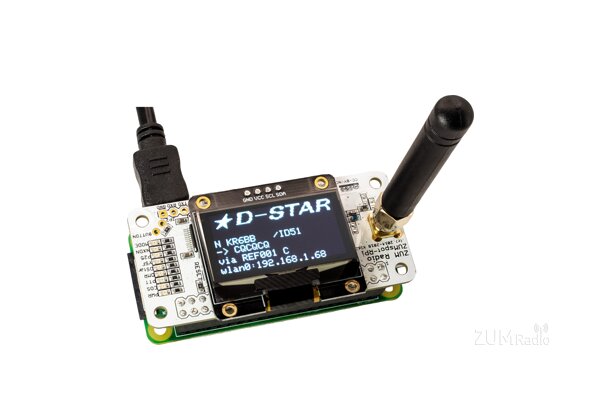 White ZUMspot OLED hotspot board with black radio antenna and OLED screen